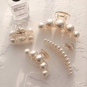 Agirlvct Pearl Hair Clips,Super Large 5.1 inch Hair Clip Strong Hold,Banana Jaw Clips,Big Claw Clip Barrettes Nonslip,Hair Accessories Gift for Thick Fine Hair Women Girls Valentine's Day(2 Pack)