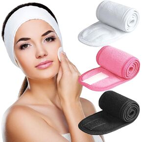 عصابة رأس Denfany Spa مكونة من 3 قطع فائقة النعومة وقابلة للتعديل لغسل الوجه وقماش تيري قابل للتمدد لغسل الوجه والاستحمام وقناع الوجه واليوجا (أسود + أبيض + رمادي)