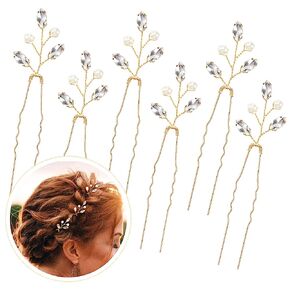 6 Pieces Pearl Crystal Bridal Hair Pins Rhinestone Flower Wedding Hair Piece Vintage Hair Accessory Party Hair Pins for Bride, Bridesmaids, Flower Girls (Gold)
