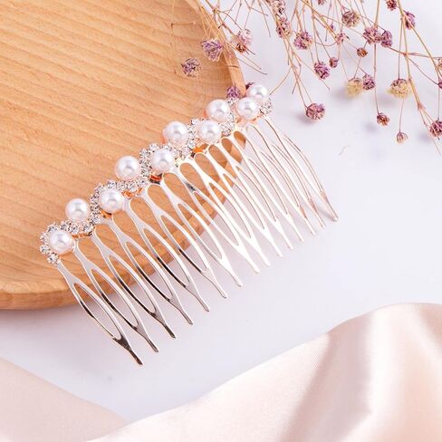 مشط جانبي لشعر الزفاف من PAGOW Pearl، 15 مشط شعر جانبي للأسنان لشعر سميك، قطع شعر زفاف من حجر الراين اللؤلؤي، إكسسوارات شعر كريستال للنساء والفتيات (3.14 × 1.77 بوصة، ذهبي وردي) مجموعة من 2 in Saudi Arabia