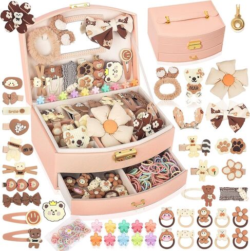 Hair Accessories for Girls，Hair Stuff Including Jewelry Box/Hair Clips/Hair Barrettes/Hair Ties/Hair Bows Clips，Teen Girl Gifts，Gift Toys for Girls Age 4 5 6 7 8-12（Brown） in Saudi Arabia