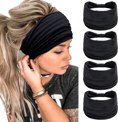 عصابات رأس واسعة للنساء، أغطية رأس أنيقة باللون الأسود، عصابات شعر سميكة من بوهو، عصابة رأس رياضية أفريقية كبيرة لليوجا، إكسسوارات للشعر (عبوة من 4 قطع) in Kuwait