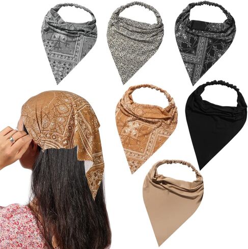 6 Pack Scarf Headband for Women - Elastic Large Boho Triangle Bandana Head Scarves with Clips Non Slip Solid Color Hair Kerchief for Teen Girls in Saudi Arabia