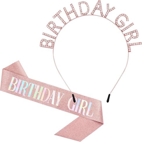 Aurmigle Birthday Crowns for Women, Rose-Gold Birthday Girl Sash & Birthday Tiara for Women Set, Princess Rhinestone Birthday Girl Headband Birthday Gifts for Women, Sweet Happy Birthday Accessories in Saudi Arabia