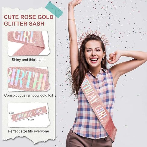 Aurmigle Birthday Crowns for Women, Rose-Gold Birthday Girl Sash & Birthday Tiara for Women Set, Princess Rhinestone Birthday Girl Headband Birthday Gifts for Women, Sweet Happy Birthday Accessories in Saudi Arabia
