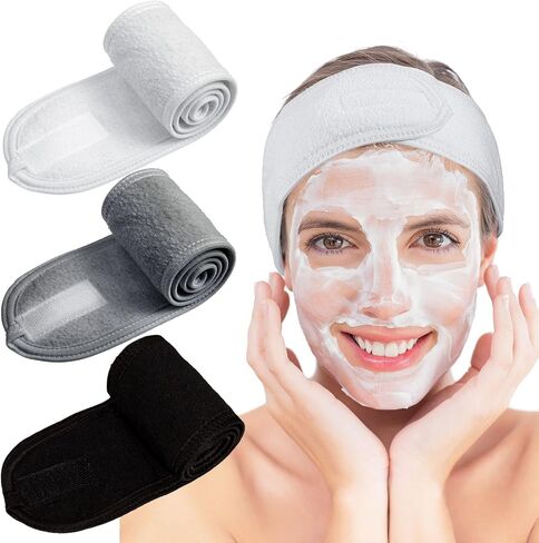 Whaline Spa Facial Headband Make Up Wrap Head Terry Cloth Headband Adjustable Towel Band for Face Washing Shower Facial Cover, 3 Pieces (Black, Pink, Gray) in Saudi Arabia