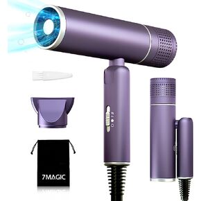 7MAGIC Foldable Hair Dryer, Powerful Ionic Blow Dryer for Fast Drying, Travel Hair Blow Dryer with Storage Bag, Lightweight Portable Hairdryer for Women, Cold/2 Heating/2 Speed Settings, Purple