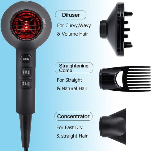 Infrared Hair Dryer, Professional Salon Negative Ionic Blow Dryers for Fast Drying, Pro Ion Quiet Hairdryer with Diffuser & Concentrator & Comb,Black in Saudi Arabia