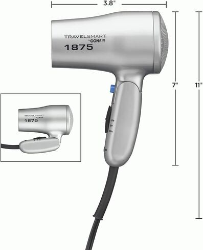 Conair 1875 Watt Compact Dual Voltage Travel Hair Dryer with Folding Handle, Grey in Kuwait