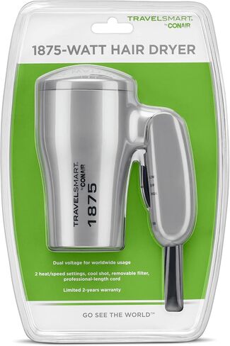 Conair 1875 Watt Compact Dual Voltage Travel Hair Dryer with Folding Handle, Grey in Kuwait