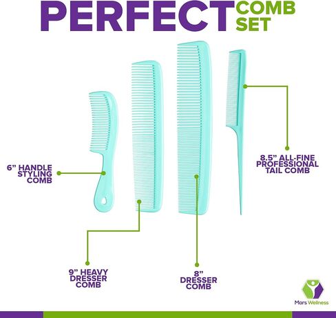 Mars Wellness 4 Piece Professional Comb Set Black - USA MADE - Fine Pro Tail Combs, Dresser Hair Comb Styling Comb - Premium Grade for Men and Women - Parting Teasing and Styling in Kuwait