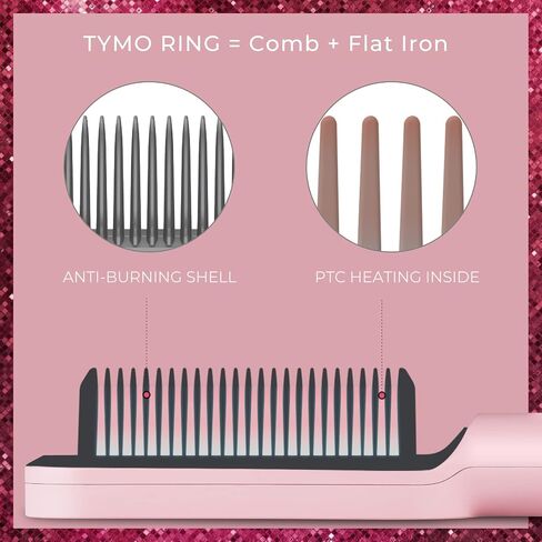 TYMO Ring Pink Hair Straightener Brush – Hair Straightening Iron with Built-in Comb, 20s Fast Heating & 5 Temp Settings & Anti-Scald, Perfect for Professional Salon at Home in Saudi Arabia