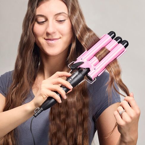 BellaPro 25mm Hair Waver – 3 Barrel Curling Iron - Beach Wave Curling Iron – 1- inch Ceramic – All Hair Types – Controlled Heat - Pink/Black in Saudi Arabia