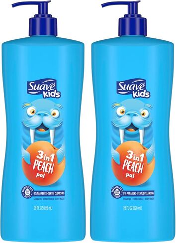 شامبو Suave Kids 3 في 1 مع Peach Pal - شامبو وبلسم للأطفال لا يسبب الدموع، غسول للجسم للأطفال، صابون للأطفال، 16.6 أونصة سائلة (عبوة من قطعتين) in Kuwait