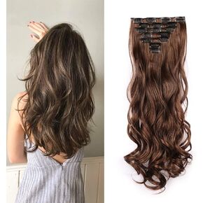 Clip in Hair Extensions - 16 Inch 7 Pcs Chocolate Brown Hair Extension Synthetic Fiber for Women Natural Wavy Extensions Synthetic Full Head in Saudi Arabia
