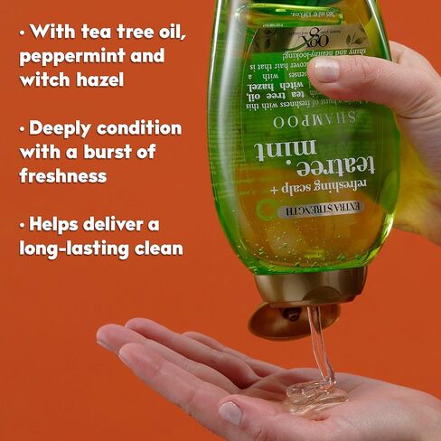 OGX قوة إضافية منتعشة لفروة الرأس + نعناع شجرة الشاي، شامبو منشط لفروة الرأس مع شجرة الشاي وزيت النعناع وبندق الساحرة، مواد خافضة للتوتر السطحي خالية من البارابين/الكبريتات، 13 أونصة سائلة in Kuwait