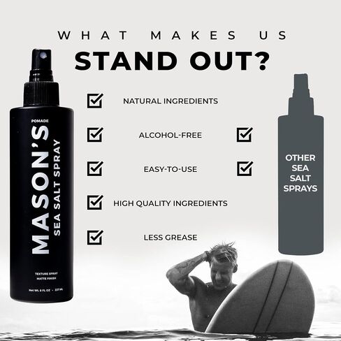 Mason's Pomade MASON’S POMADE - Sea Salt Spray, Sea Salt Texturizing Hair Products For Men, Natural Hair Spray For Beach Hair Look, Volumizing Sea Salt Hair Spray, Water-Based, Matte Finish, 8 Oz in Saudi Arabia