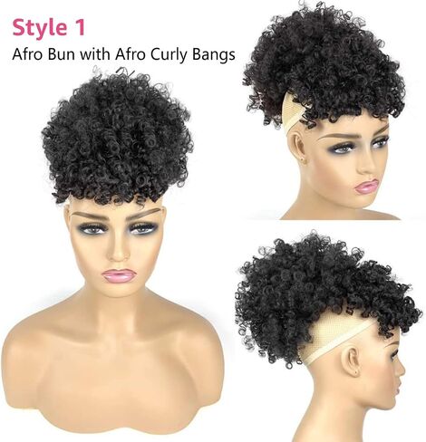 Afro Puff Drawstring Ponytail with Bangs Pineapple Updo Hair for Black Women,Short Kinky Curly Ponytail Bun with 2 Replaceable Bangs(#1B-Black) in Saudi Arabia
