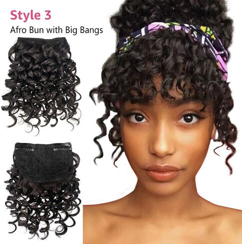 Afro Puff Drawstring Ponytail with Bangs Pineapple Updo Hair for Black Women,Short Kinky Curly Ponytail Bun with 2 Replaceable Bangs(#1B-Black) in Saudi Arabia
