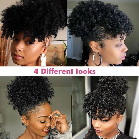 Afro Puff Drawstring Ponytail with Bangs Pineapple Updo Hair for Black Women,Short Kinky Curly Ponytail Bun with 2 Replaceable Bangs(#1B-Black) in Saudi Arabia