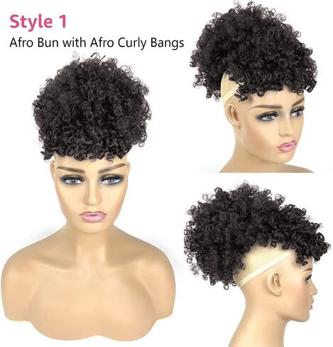Afro Puff Drawstring Ponytail with Bangs Pineapple Updo Hair for Black Women,Short Kinky Curly Ponytail Bun with 2 Replaceable Bangs(#1B-Black) in Saudi Arabia
