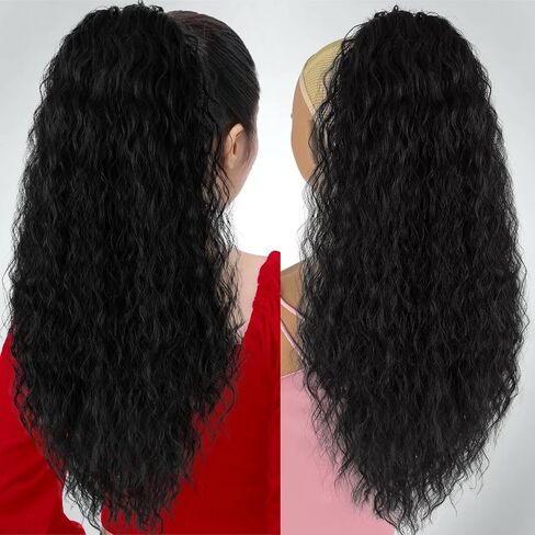 Long Black Ponytail Extension 20inch UAmy hair Long Curly Drawstring Ponytail for Women Synthetic Curly Wavy Drawstring Pony Tail with Clip in for Daily Use in Saudi Arabia