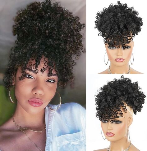 Cetiq Afro Puff Drawstring Ponytail with Bangs Pineapple Updo Hair for Black Women, Short Kinky Curly Ponytail Bun (1B) in Saudi Arabia