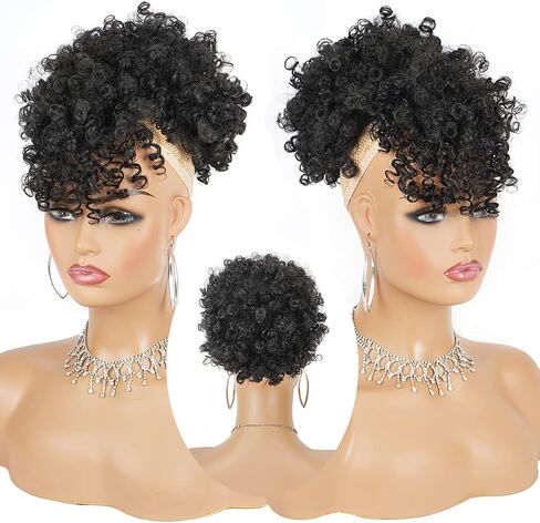 Cetiq Afro Puff Drawstring Ponytail with Bangs Pineapple Updo Hair for Black Women, Short Kinky Curly Ponytail Bun (1B) in Saudi Arabia