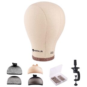 HYOUJIN شعر مستعار من القماش مقاس 22 بوصة، رأس عارضة أزياء من الفلين مع فتحة تثبيت، يأتي مع مشبك طاولة لعرض مجموعة صنع الشعر المستعار (بني فاتح) in Kuwait