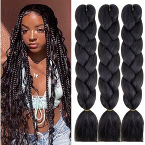 Jumbo Braiding Hair Fiber Colorful Twist Braiding Hair 3pcs Black Extensions Kanekalon Synthetic Hair Black Synthetic Fiber Soft Healthy (24 Inch 3pcs)