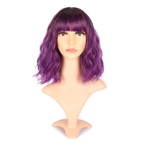 VCKOVCKO Pastel Wavy Wig With Air Bangs Women's Short Bob Purple Pink Wigs Curly Wavy Shoulder Length Pastel Bob Wigs Synthetic Wig for White Women Girls Daily Use Colorful Wigs(12", Purple Pink)