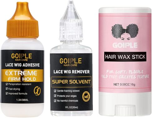 غراء شعر مستعار من Goiple بوزن 1.34 أونصة سائلة، غراء شعر مستعار أمامي مقاوم للماء للشعر المستعار مع الأدوات وعصا شمع الشعر، غراء شعر مستعار * 1 / مزيل غراء شعر مستعار * 1 / عصا شمع للشعر * 1 (38 مل + 30 مل + 0.56 أونصة) in Kuwait