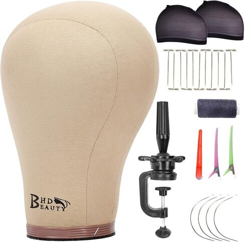 BHD BEAUTY Cork Canvas Block Mannequin Head Wig Display Styling With Mount Hole 22"(Canvas Head+Head Stand+T Pins+C Needles+Wig Caps+Thread +Clips) in Kuwait