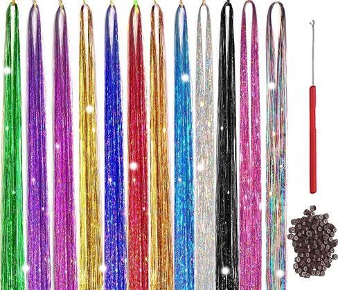 Hair Tinsel Kit With Tool 3200 strands Tinsel Hair Extensions 12 Colors Fairy Hair Tinsel, Sparkling Shiny Hair Tinsel Heat Resistant (Plier+Pulling Needle+Comb+2pcs Tool Loop+100 Dark Beads) in Saudi Arabia