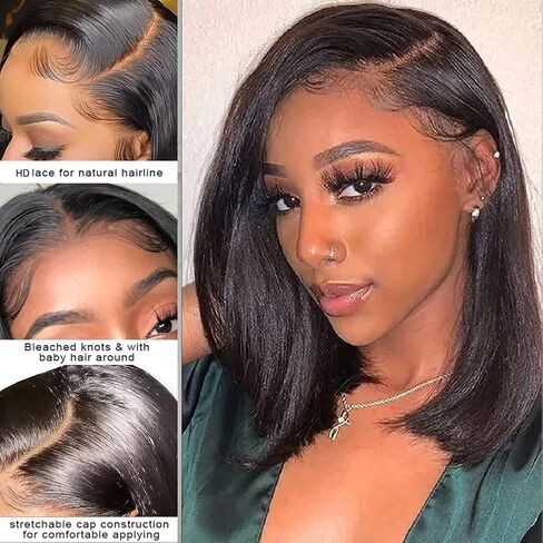 UCUVIC 8 Inch Short Bob Wig Human Hair HD Lace Front Wigs For Black Women Side Part Glueless Pre Plucked Frontal Bob Wig Ailwelia 180% Density in Saudi Arabia