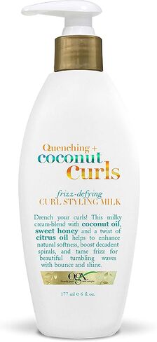 OGX Quenching + Coconut Curls Frizz-Defying Curl Styling Milk, Nourishing Leave-In Hair Treatment with Coconut Oil, Citrus Oil & Honey, Paraben-Free and Sulfated-Surfactants Free, 6 fl oz in Kuwait
