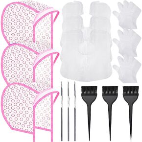 3 Sets Hair Coloring Kit, Includes 3 Pcs of PVC Hair Coloring Caps with 3 Pcs Styling Tools, 3 Pcs Disposable Hair Dye Shawl, 3 Pairs Gloves, 3 Pc Dye Brushes for Dyeing Hair (Assorted Colors)