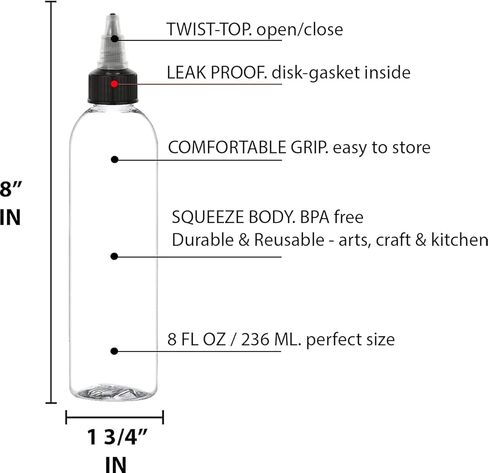 BRIGHTFROM Twist Top (Black) Applicator Bottles, 8 OZ Crystal Clear, Squeeze Empty Plastic Bottles, BPA-Free, PET, Refillable, Open/Close Nozzle - Multi Purpose (Pack of 2) in Saudi Arabia
