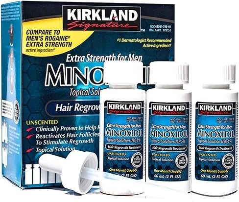Kirkland Minoxidil 5% Topical Solution Extra Strength Hair Regrowth Treatment for Men Dropper Applicator Included (1 month to 24 month supplies available) (6 month supply), Clear in Kuwait