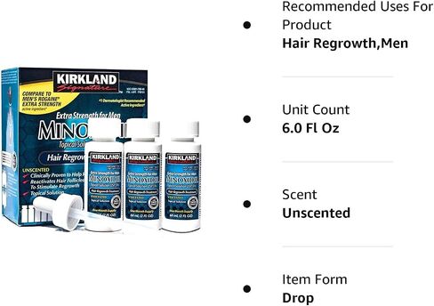 Kirkland Minoxidil 5% Topical Solution Extra Strength Hair Regrowth Treatment for Men Dropper Applicator Included (1 month to 24 month supplies available) (6 month supply), Clear in Kuwait