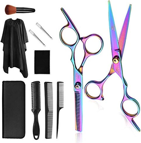 Hair Cutting Scissors Kits, 11Pcs Professional Haircut Scissors Kit with Comb, Clips, Cape, New Craftsmanship Stainless Steel Hairdressing Thinning Shears Set for Barber, Salon, Home (multicolour01) in Saudi Arabia