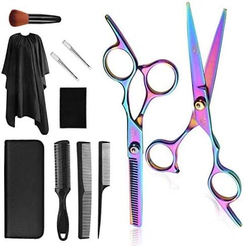 Hair Cutting Scissors Kits, 11Pcs Professional Haircut Scissors Kit with Comb, Clips, Cape, New Craftsmanship Stainless Steel Hairdressing Thinning Shears Set for Barber, Salon, Home (multicolour01) in Saudi Arabia