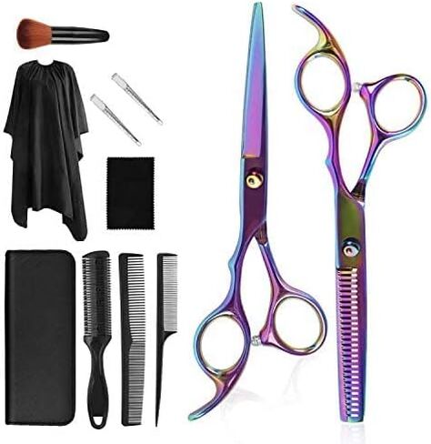 Hair Cutting Scissors Kits, 11Pcs Professional Haircut Scissors Kit with Comb, Clips, Cape, New Craftsmanship Stainless Steel Hairdressing Thinning Shears Set for Barber, Salon, Home (multicolour01) in Saudi Arabia