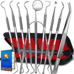 Dental Tools, 10 Pack Professional Plaque Remover for Teeth Cleaning Tools Set, Stainless Steel Dental Hygiene Kit with Dental Picks, Tartar Scraper, Tooth Scraper, Tongue Scraper- with Case
