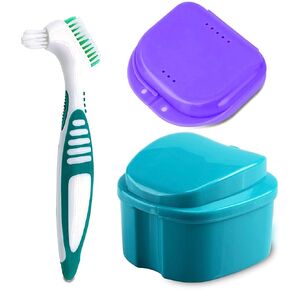 Denture Bath Case Cup with Denture Cleaner Brush & Retainer Holder Box, Complete Clean Care for Dentures, Clear Braces, Mouth Guard, Night Guard & Retainers,Traveling (Black) in Kuwait