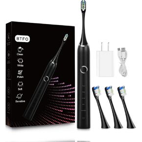 Electric Toothbrush with 5 Modes, 2pcs Replacement Brush Heads USB Rechargeable Smart Electronic Toothbrush with Holder for Adults IPX7 Waterproof Smart Timing Fast Charging (All-Black)