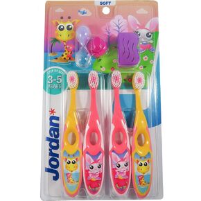 Jordan* Step 2 Kids Toothbrush, 3-5 Years, Soft Bristles, BPA Free (4 Pack) Blue & Green