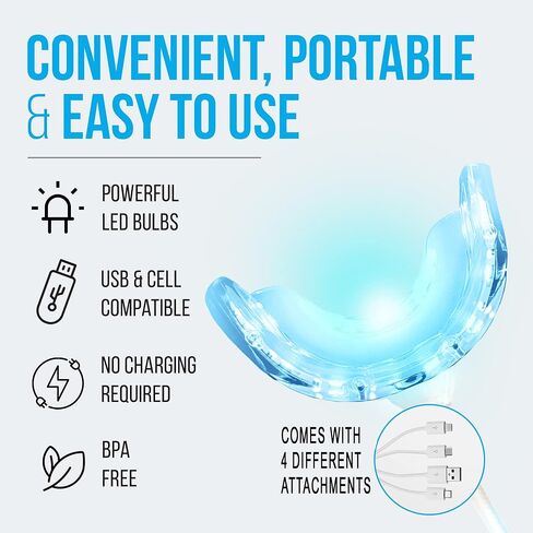 ضوء تبييض الأسنان من ستارلايت سمايل. مبيض أسنان 16 LED مع 3 محولات لهواتف iPhone و Android و USB (متوافق مع 4G و Newder). يعمل مع شرائح تبييض الأسنان أو أي جل تبييض الأسنان. in Kuwait