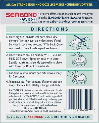 Sea Bond Secure Denture Adhesive Seals, Fresh Mint Uppers, Zinc-Free, All-Day-Hold, Mess-Free, 30 Count (Pack of 1) in Saudi Arabia