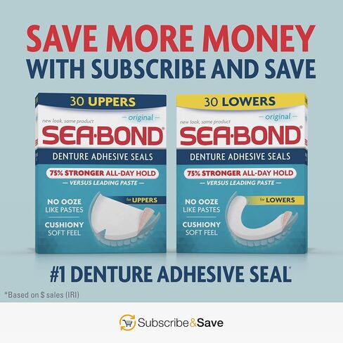 Sea Bond Secure Denture Adhesive Seals, Fresh Mint Uppers, Zinc-Free, All-Day-Hold, Mess-Free, 30 Count (Pack of 1) in Saudi Arabia